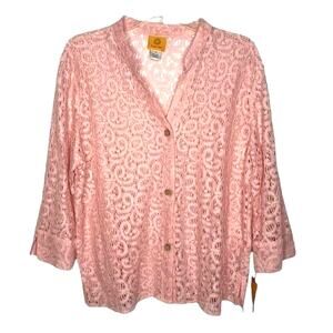Ruby Rd NWT Womens Pink Lace Pointelle Blouse Shacket Size 14 Summer Romantic